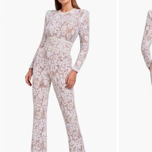 NADINE MERABI White Lace Jumpsuit with Floral Detailing